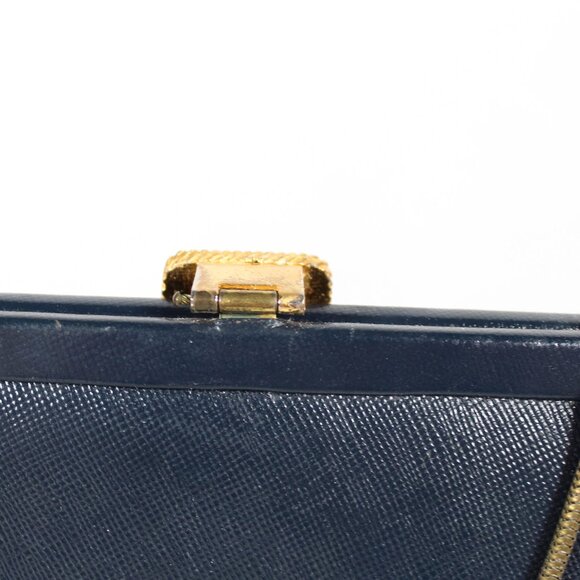 Vintage 1950s Navy Faux Leather Handbag with Art Deco Latch & Metal Chain - Picture 7 of 16